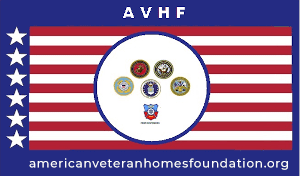 A red white and blue striped background with the american veteran homes foundation logo.